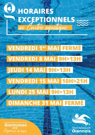 Horaires de mai au centre aquatique