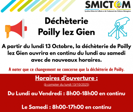 Nouveaux horaires déchèterie de Poilly-lez-Gien
